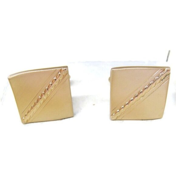 Strand Square Rolled Rope Design Vtg Cufflinks Gold Tone Tux Wedding Formal IOB - Picture 9 of 11
